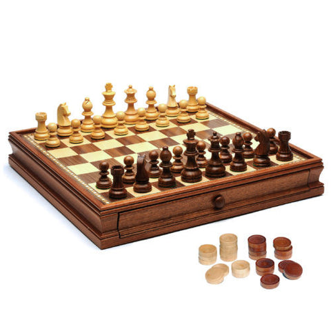 French Staunton Chess & Checkers Set - Weighted Pieces, Brown & Natural Wooden Board w/Storage Drawers