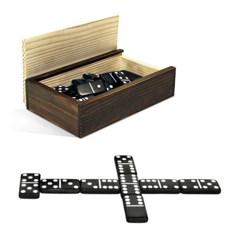 Double Six Black Dominoes w/White Dots in Wooden Case